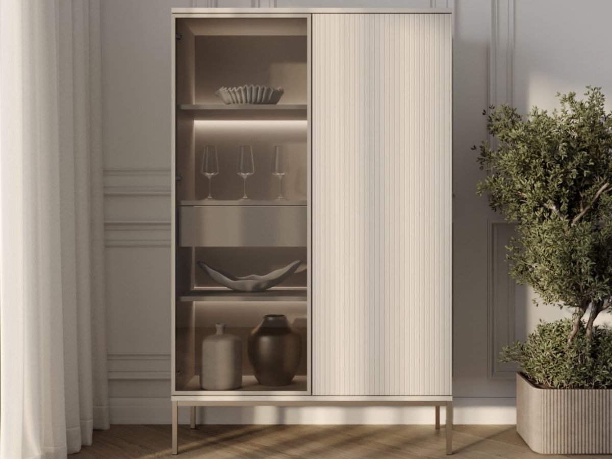 GrainGold – Vitrinekast Deo – Beige - Met Deuren en Ledverlichting - Moderne Opbergruimte - 166 cm
