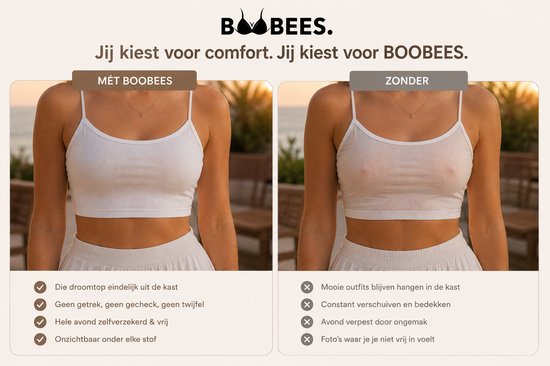 Vrouw in wit topje met en zonder Boobees. Toont hoe ze onzichtbaar zijn. Lijst met voordelen en nadelen.