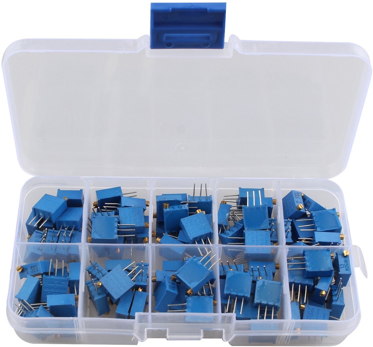 Dailygoods - 100 Multiturn Trimmer Potentiometer Set - Variabele Weerstand - Assortiment Kit - 10 Waarden - 100 Ohm tot 500 K Ohm - Ideaal voor E...
