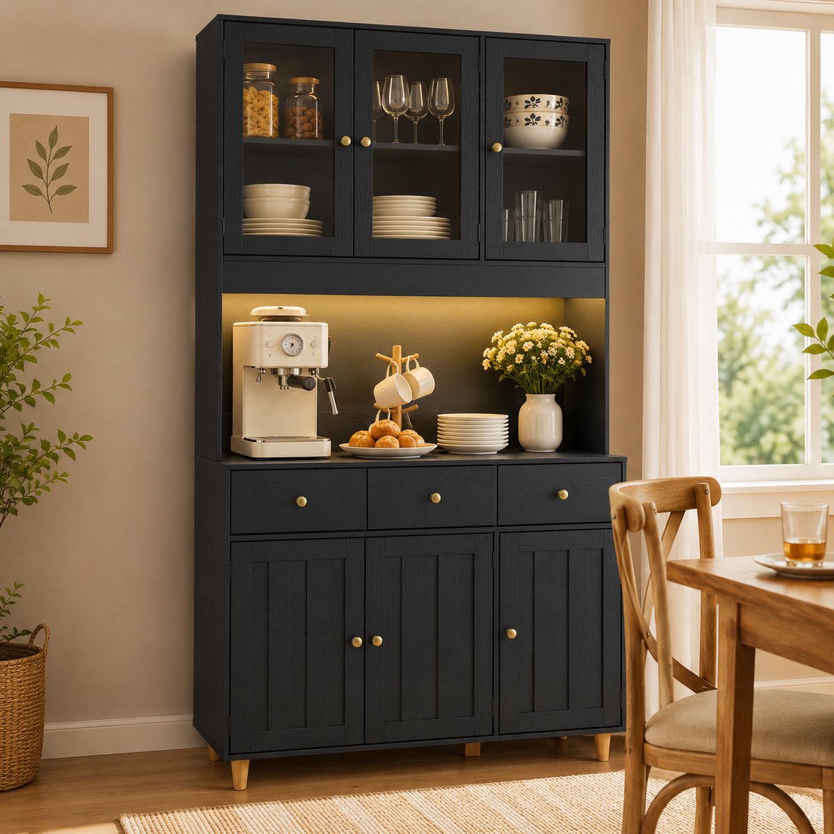 Xbro Keukenkast – Slim ontwerp met 3 lade en 6 deuren, verstelbare planken en te combineren met andere keukenkasten – Keuken Opbergkast – keuken & woonkamer – 100×30×180 cm – Zwart