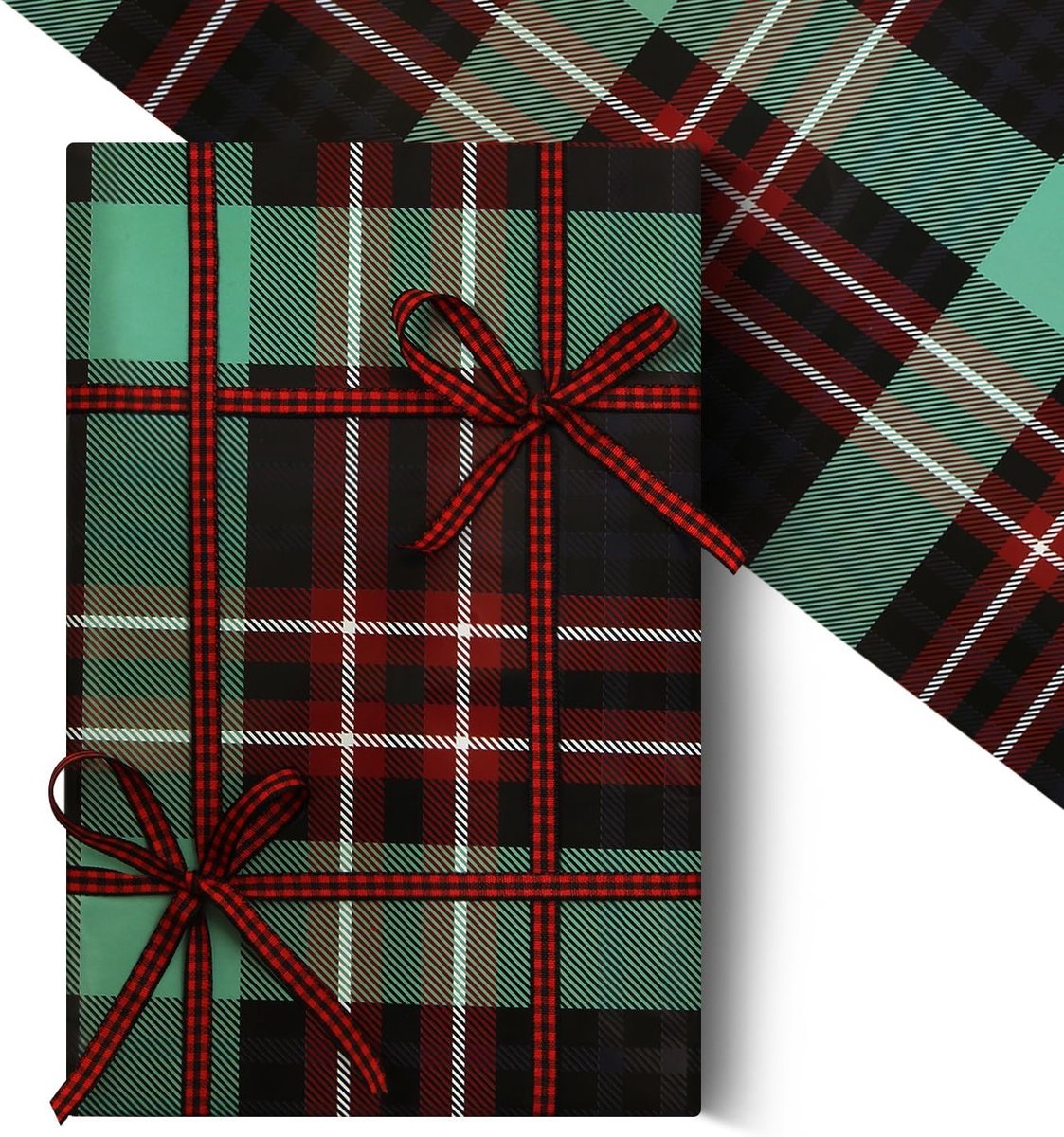 Kerst Cadeau Inpakpapier met Zwart en Rood Tartan Ruitpatroon, 4 Vellen Vintage Stijl voor Feestdagen, Verjaardagen en Speciale Gelegenheden