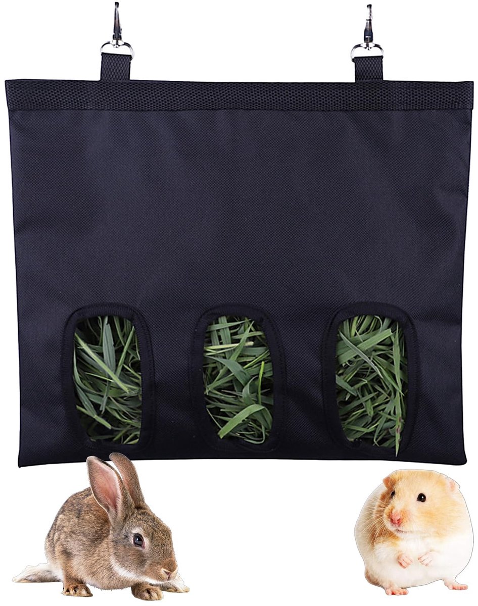 Dailygoods - Konijnencavia's Hooi Voederzak - Wasbaar Hangend Voederhooi - Handige Voederdispenser - Zwart - Voor Kleine Dieren - 3 Ramen