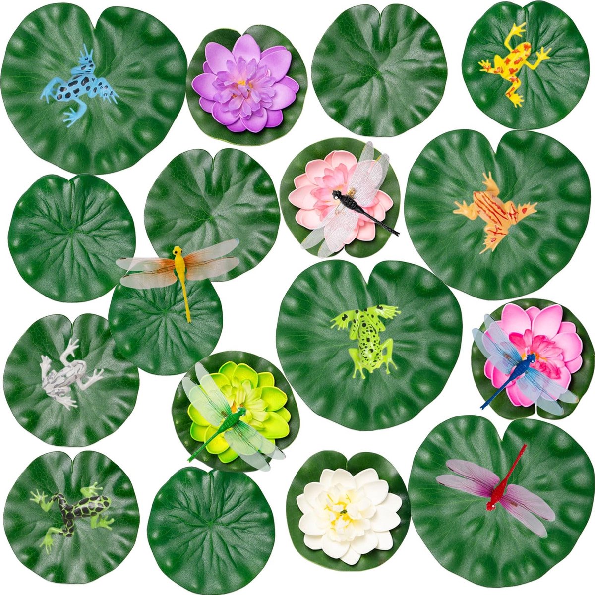 Smoakez - Kunstmatige Vijverplanten - Drijvende Lotusplanten - Decoratie voor Vijver en Aquarium - 28 Stuks - Faux Lelies en Libellen - Geschikt vo...