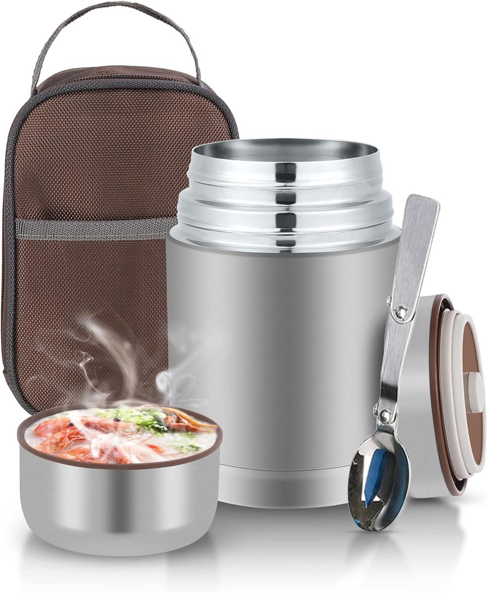 Thermos Voedselcontainer 800ml RVS – Lunch Thermos voor Warm & Koud Eten tot 12u – Lekvrij Soepbeker – Inclusief Lepel & Draagtas – Thermos Lunchbox voor Werk School Reizen