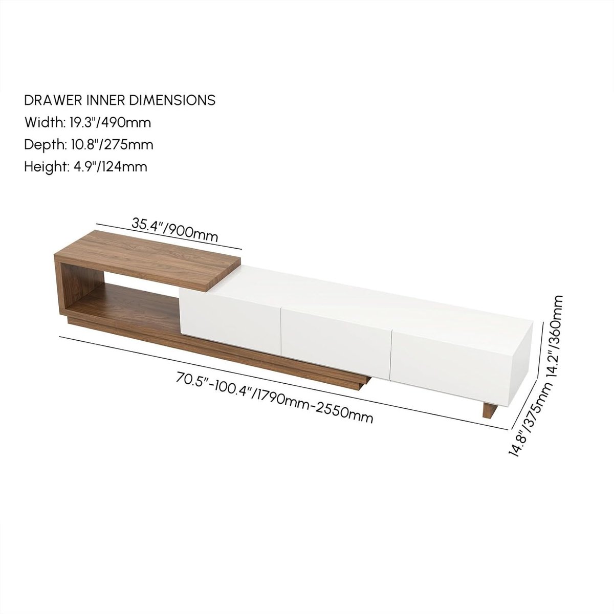 Salontafel uitschuifbaar 120–175 cm – House&Garden walnoot & wit design met 2 lades, FSC hout, soft-close systeem, duurzaam krasbestendig tafelblad – moderne ruimtebesparende woonkamer tafel