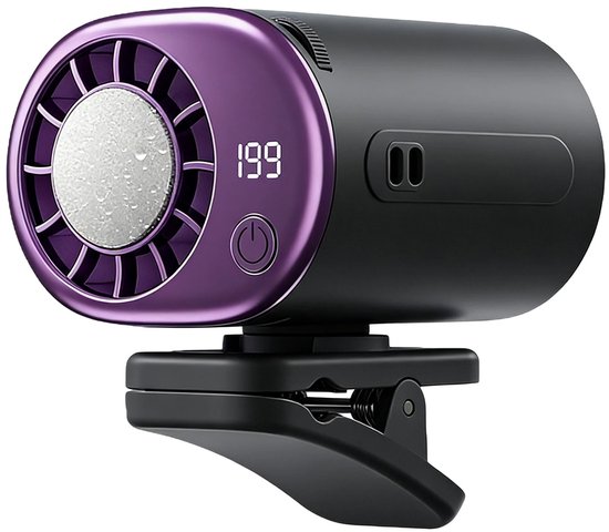 Mini klemventilator met LED-display, 199 snelheden, 360° draaibaar, USB, koel en stil voor auto en bureau
