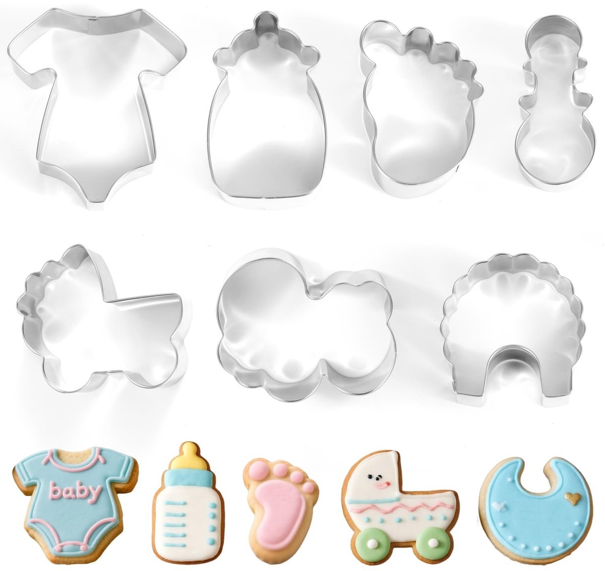 Smoakez - Baby Shower Koekjesvormpjes - 7 Stuks - Roestvrij staal - Koekjesvormen voor Feest - Zilver - Leuk voor Babyshower - Bakken met thema