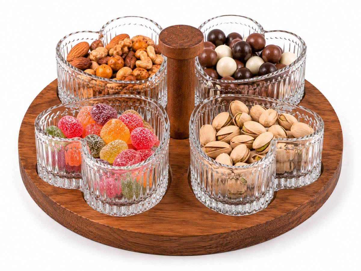Glozini Hartvormige Glazen Schaaltjes Set met Houten Serveerplank - 5-delig - Glas/Hout