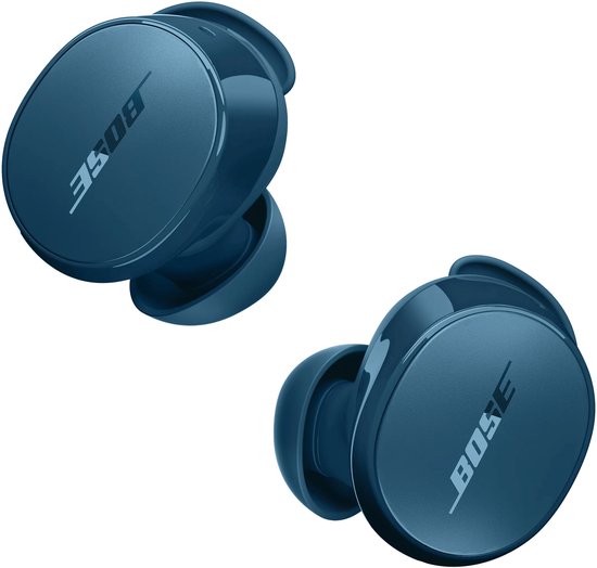Twee blauwe Bose oordopjes met het Bose logo erop.