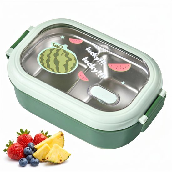 Boîte bento verte avec couvercle transparent imprimé pastèque et des fruits à côté.