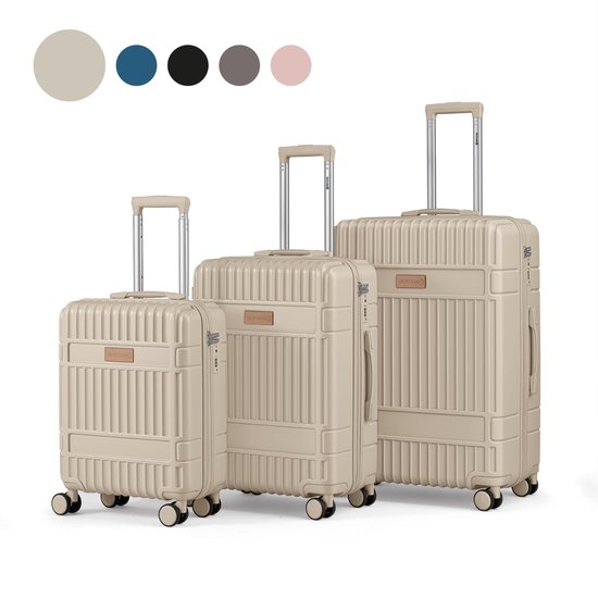 SKYCASES Kofferset - Classic Heritage – 3 Delig – Handbagage & Check-in Koffers – 36L/63L/100L – TSA Slot – 360° geruisloze wielen – Lichtgewicht – Trolley – Beige