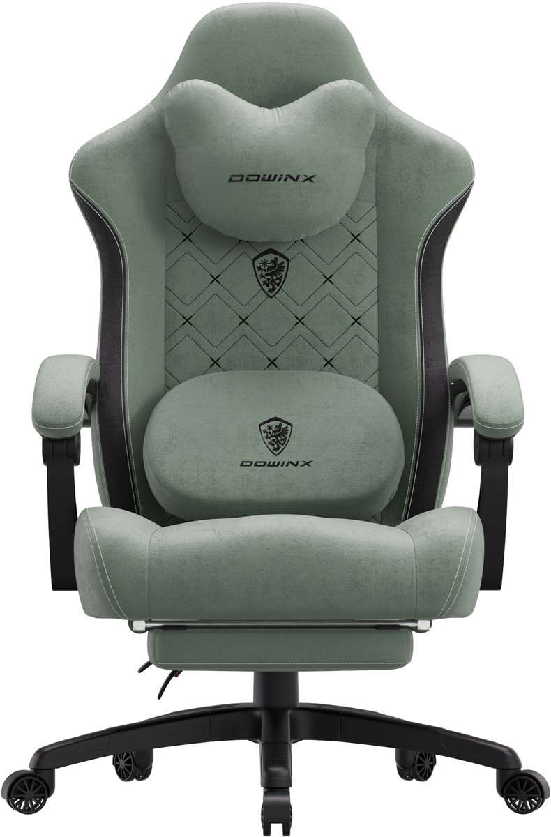Dowinx Ergonomische Bureaustoel/Gamingstoel – Met Verwarming En Massagefunctie – Met Lendensteun – Breed Zitkussen – Met Armleuningen En Voetsteun – Stof – Groen, zwart