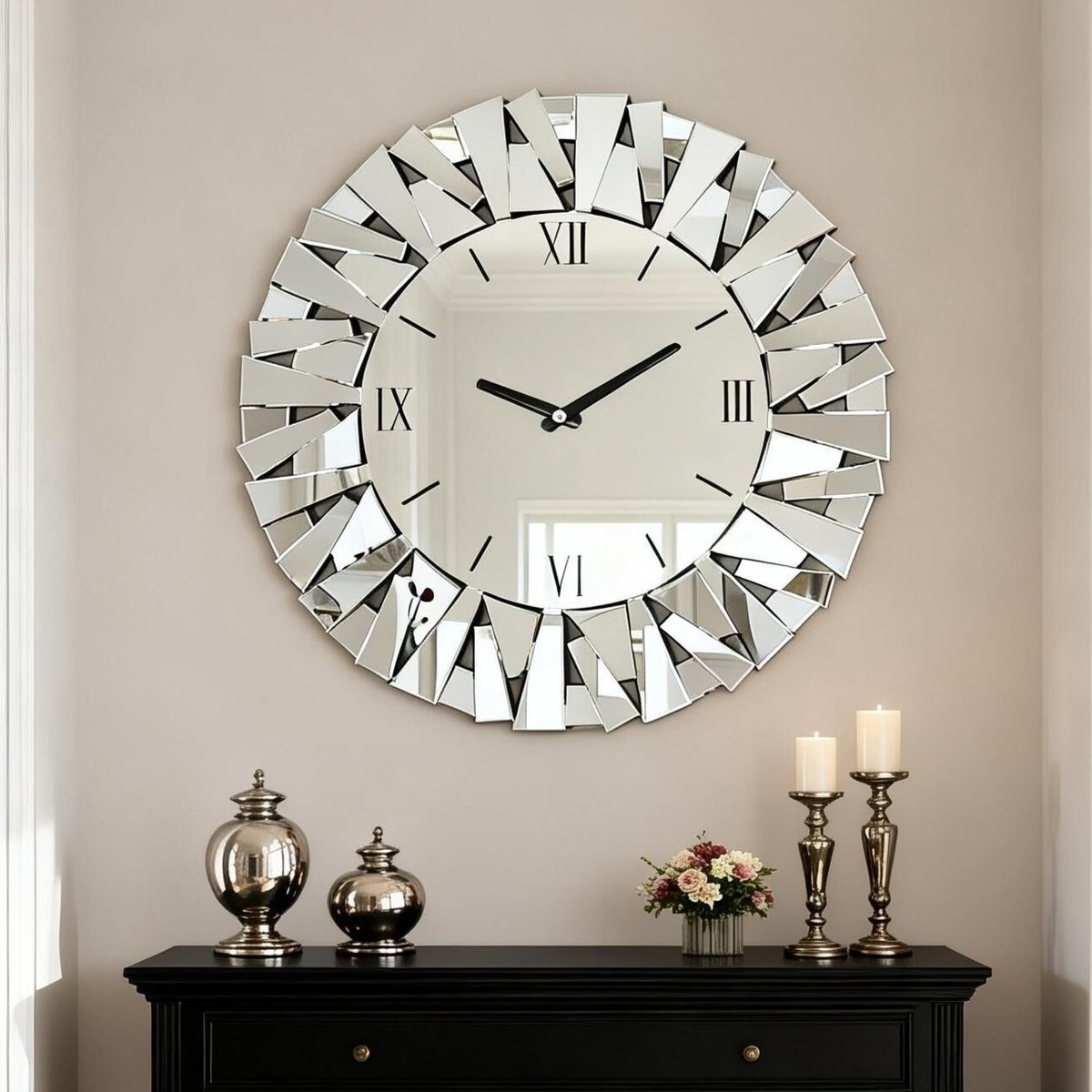 Artloge wandklok - spiegelwandklok rond - stil - Romeinse cijfers - zilver - Ø80cm