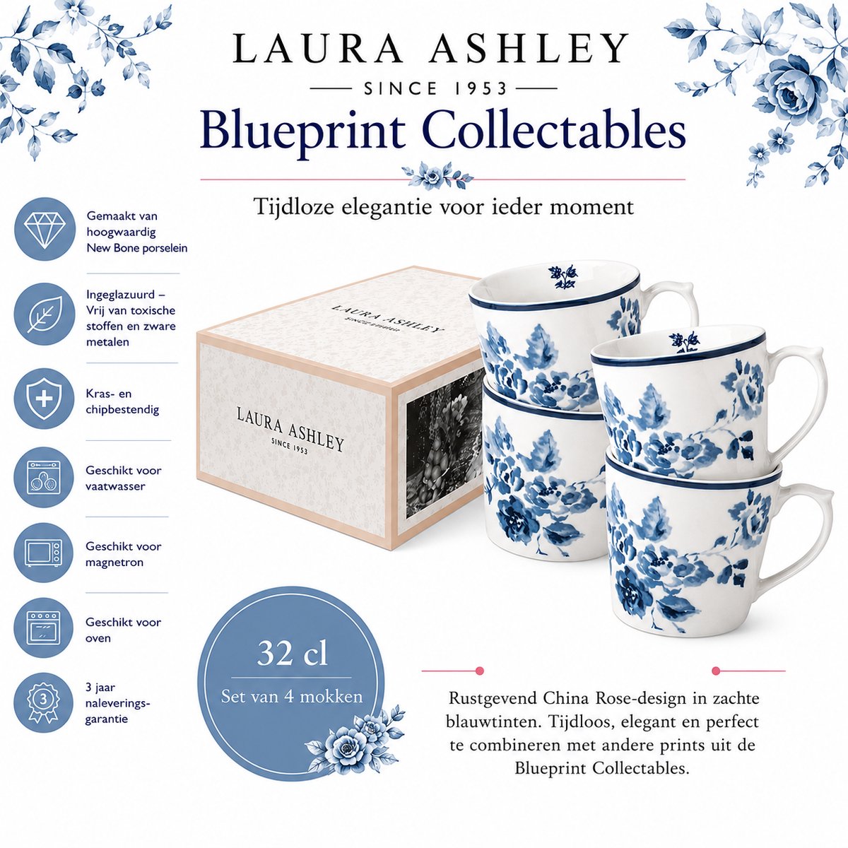 Laura Ashley Blueprint Collectables Mokken set van 4 - China Rose 32 cl.
