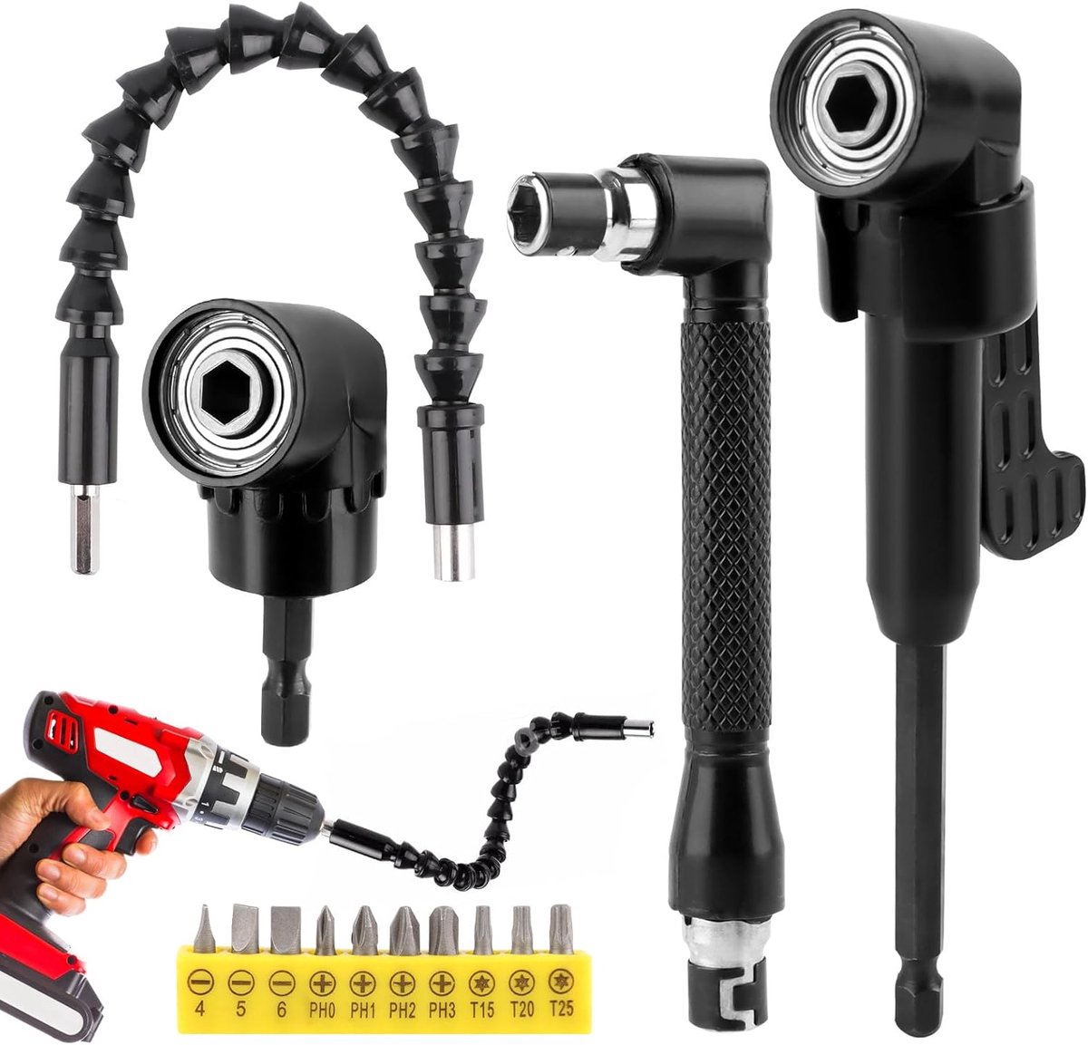 Schroevendraaierset - Hoekopzetstukken - Moeilijke plekken bereiken - Magnetische precisie - 14 stuks - Zwart