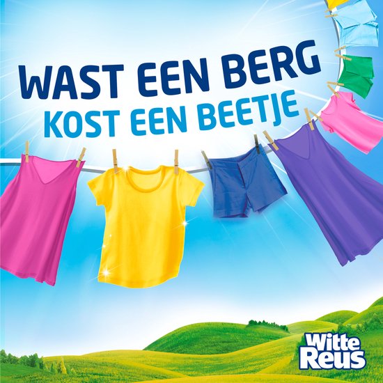 Gekleurde kleding hangt te drogen aan een waslijn, met "Witte Reus" logo.