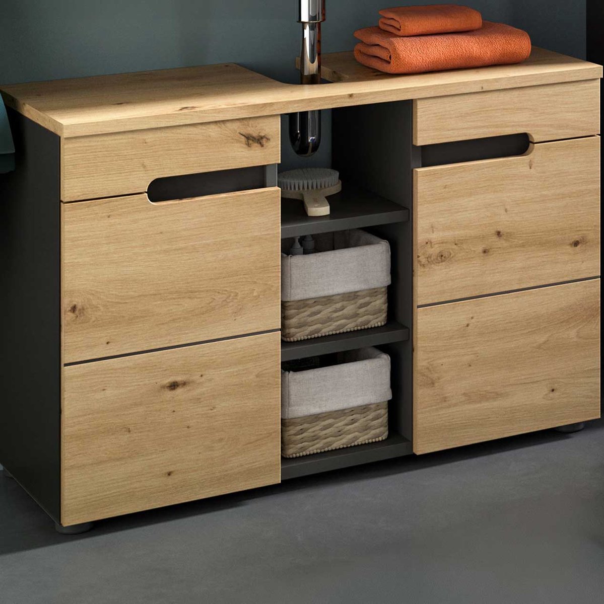 Badmeubel Canu Xonox - Basaltgrijs & Artisan Hout - 80x55x34 Cm - Xonox - Badkamer Enkele Wastafelonderkast - Bruin; Grijs - Spaanplaat