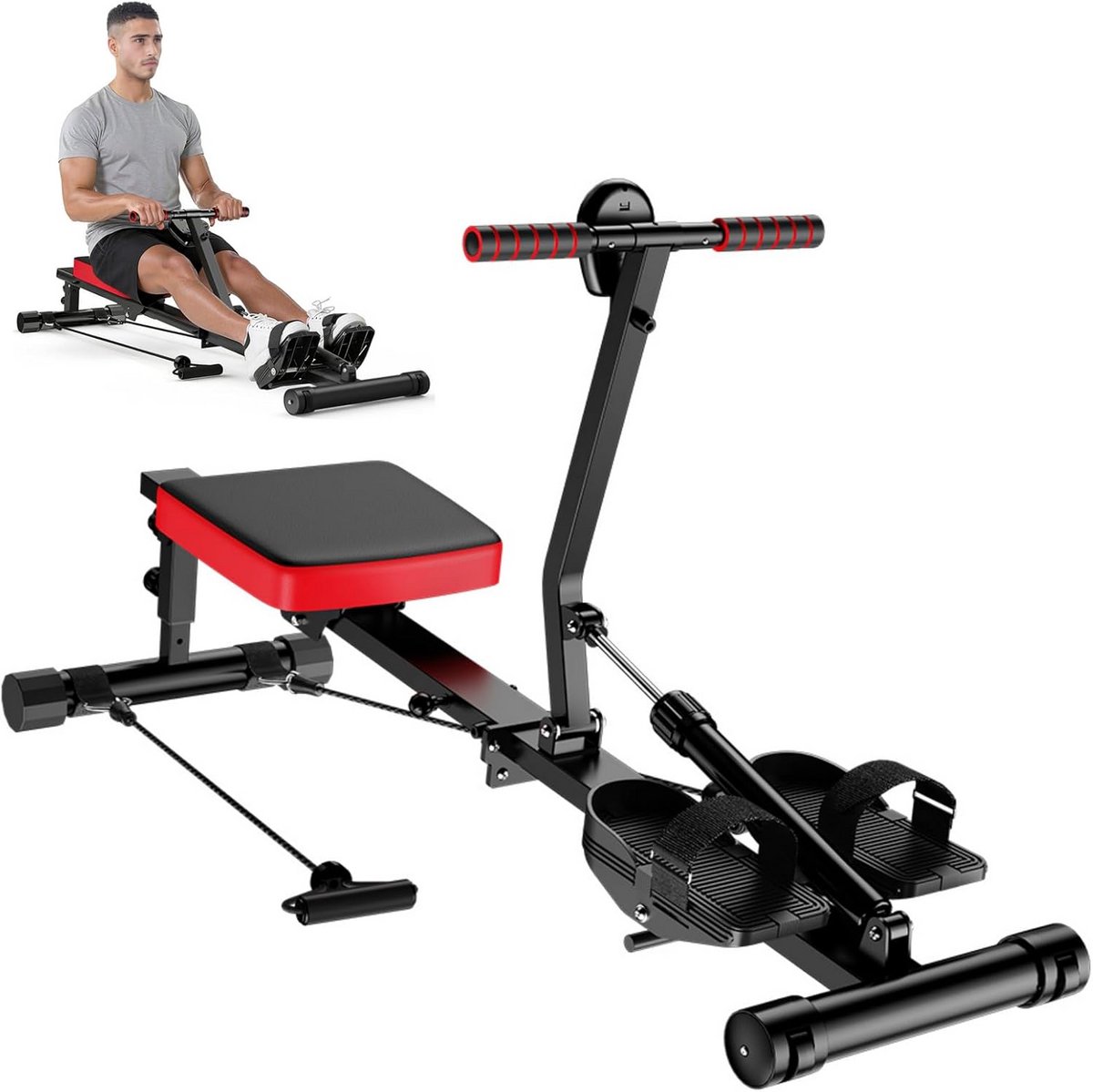 Roeitrainer - Fitnessapparaat - Full Body Training - 12 Weerstandsniveaus - 180 kg Belasting - Zwart Rood