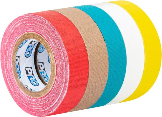 Rol met gekleurde tape: rood, bruin, turquoise, wit en geel.