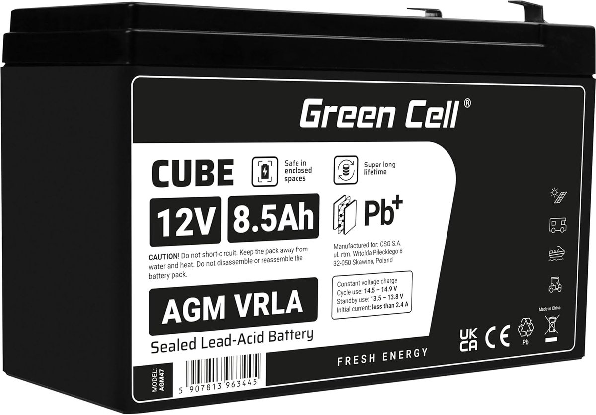 AGM accu - Oplaadbare batterij - Noodstroom systemen - Onderhoudsvrije VRLA - 12V 8.5Ah - Zwart