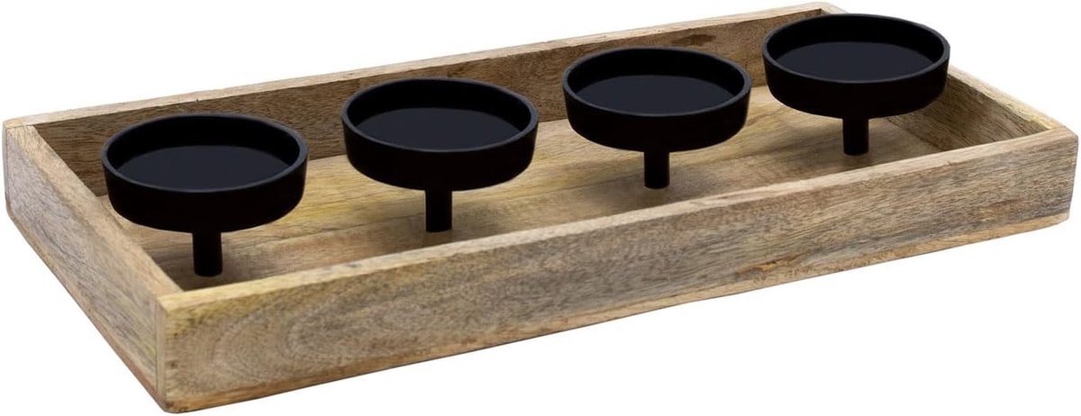 Kandelaar voor 4 kaarsen - Houten dienblad - Adventsdecoratie - Natuurlijk materiaal - 40 x 19 cm - Naturel zwart
