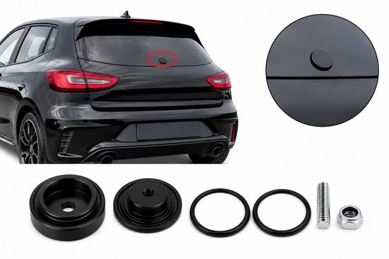 Zwarte auto met ruitenwisser delete kit geïnstalleerd op de achterruit, inclusief onderdelen.