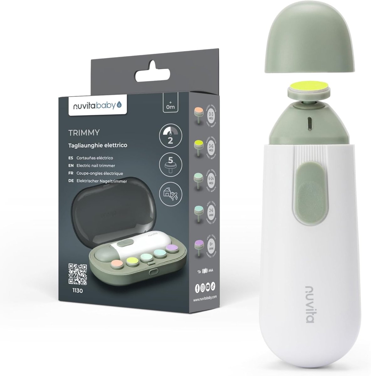 Elektrische nageltrimmer - Baby nagelknipper - Veilige babyverzorging - Automatische huidstop - 5 Vijlkoppen - Sage Green