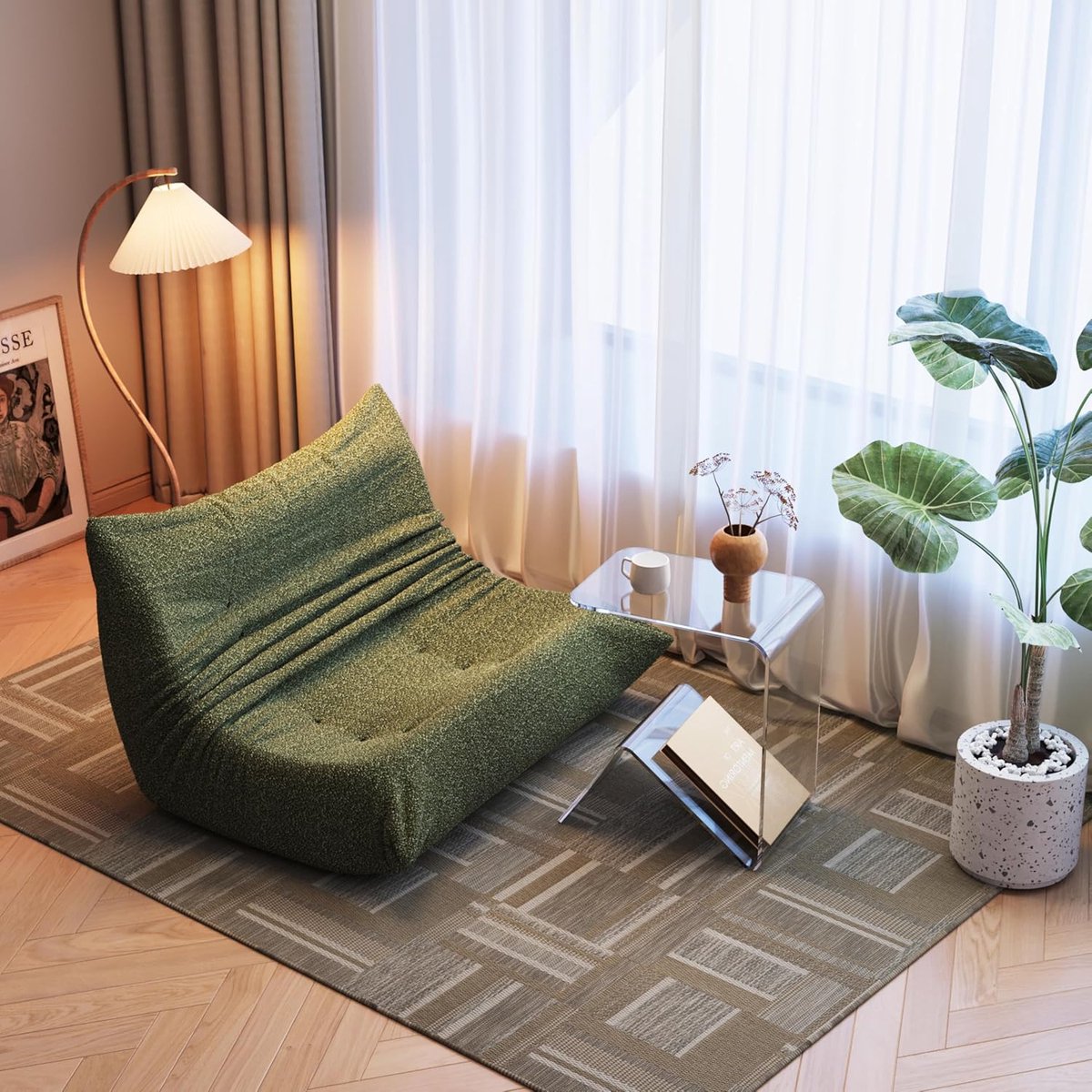 Vloerbank 2-Zits Teddy Bouclé Lounge Sofa XXL – Scandinavische Woonkamerbank van Schuim – Zachte Teddy Fleece Relaxbank voor Woonkamer, Slaapkamer en Leeshoek – Groen – 149 x 114 x 82 cm – Mobili Bella