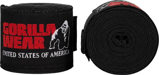 Zwarte bokszakbandages met Gorilla Wear logo en tekst 'UNITED STATES OF AMERICA'.