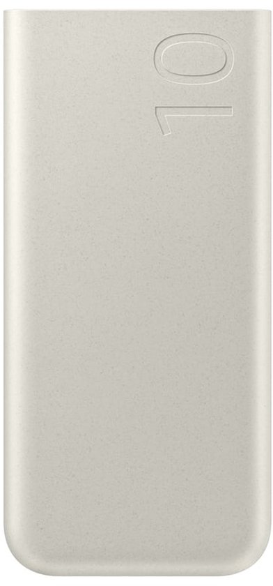Lichtgrijze powerbank met subtiel "10" reliëf.