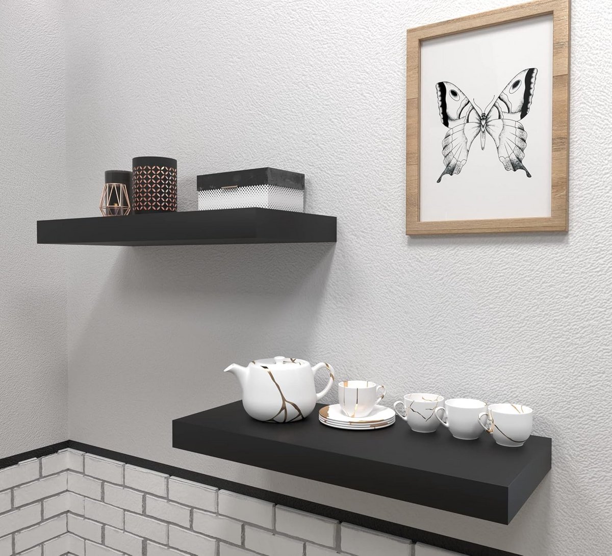 Zwevend Wandrek - Wandbord - Opbergen Woonkamer - Hoogglans Afwerking - 100 cm - Zwart