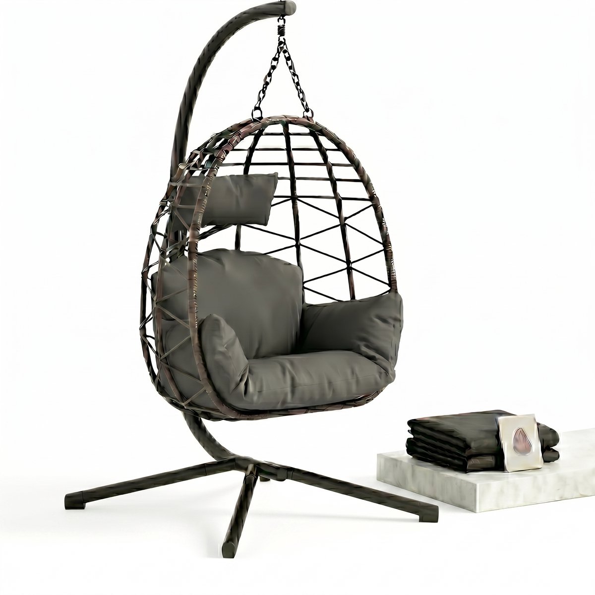 Aiverig® Hangstoel met Standaard en Regenhoes – Ei Stoel, Egg Chair & Egg Hangstoel – Voor Binnen en Buiten – Hangende Loungestoel 130 kg Draagvermogen – Met Kussens, Hoofdsteun & Regenhoes – Voor Tuin, Balkon en Woonkamer – Donkergrijs – 196CM Hoog