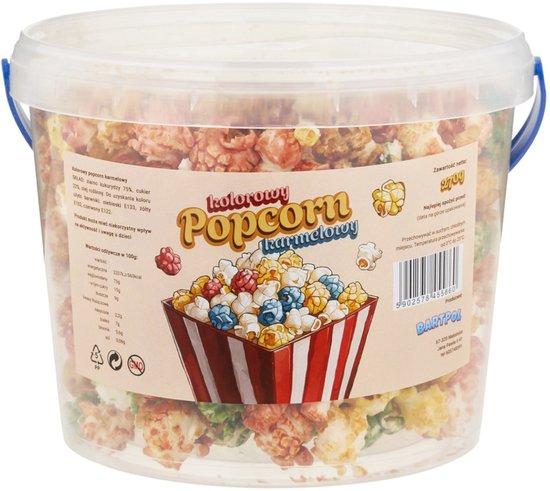 Doorzichtige emmer met veelkleurige karamelpopcorn, met oranje, groene en witte popcornstukjes.