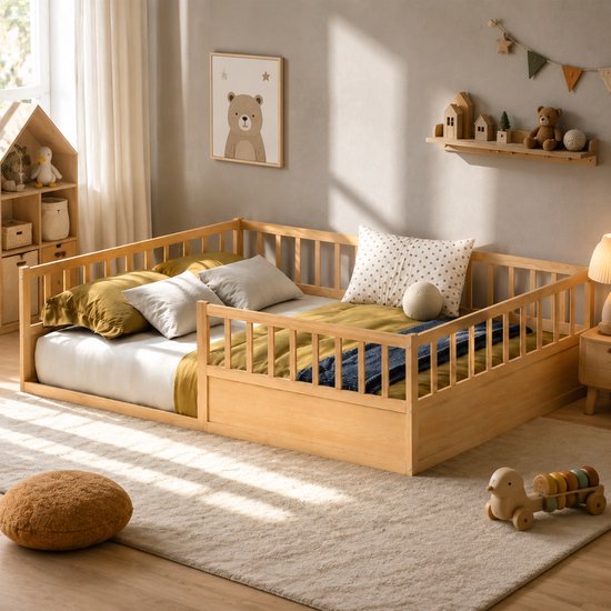 Lit au sol Montessori - Lit enfant 140x200 cm - Lit simple 140x200 cm - Lit au sol - Entrée ouverte - Avec protection antichute - Bois de pin - Montage rapide - Couleur naturelle