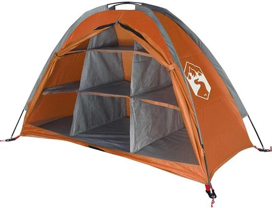Oranje tent met grijze accenten, open zijkant met zichtbare opbergvakken.