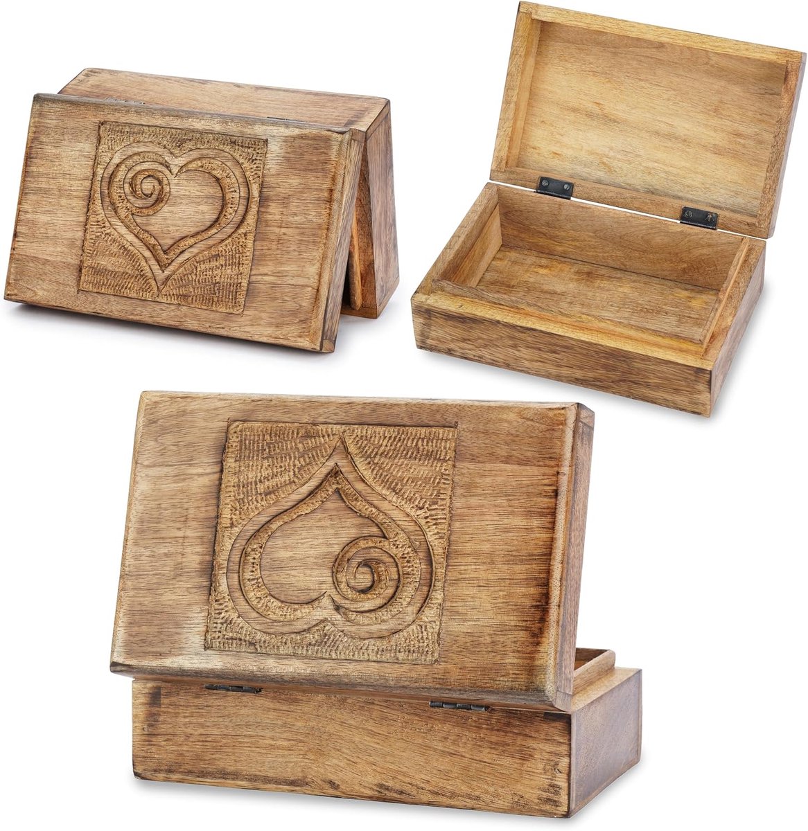 Houten Sieradendoos - Decoratieve Schatkist - Aandenken Opbergen - Handgesneden Hart Design - 20x13x8 cm - Bruin