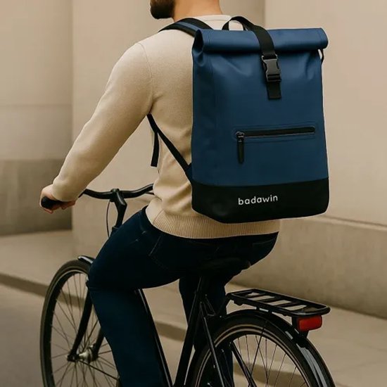 BADAWIN Anna 2-in-1 Fietsrugzak 27L – Waterdichte Fietstas & Rugzak – Laptopvak 17 inch – Rolltop – Bagagedrager met Haken – Blauw — afbeelding 4