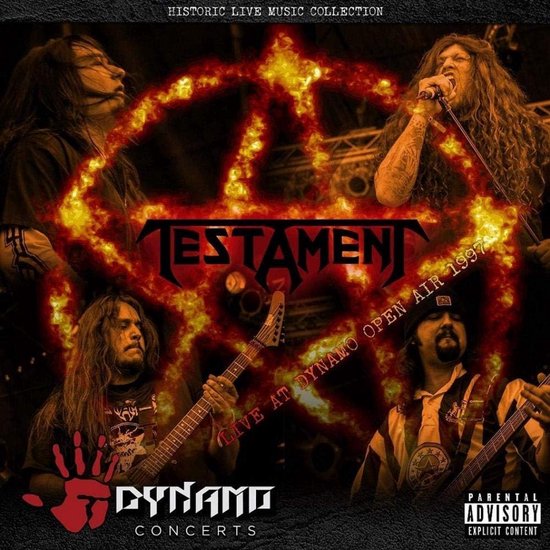 Testament live bij Dynamo Open Air 1997 met vlammend pentagram logo en bandleden op het podium.