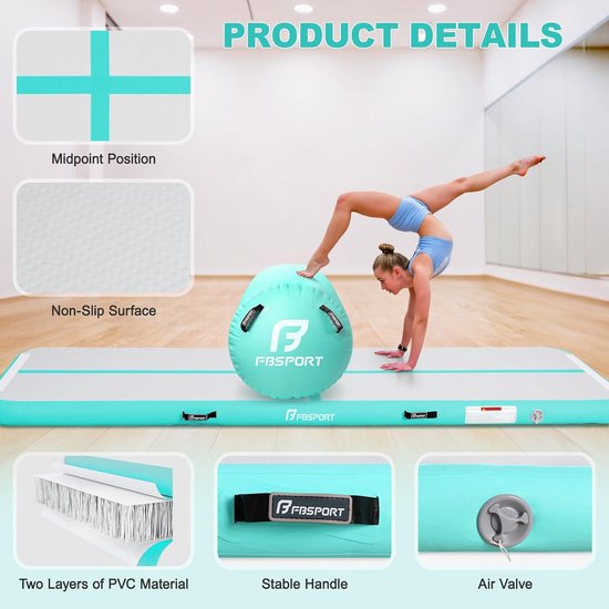 Opblaasbare turnmat - Air track set - Gymnastiek en yoga - Met luchtpomp - 4 meter lang - Blauw — afbeelding 4