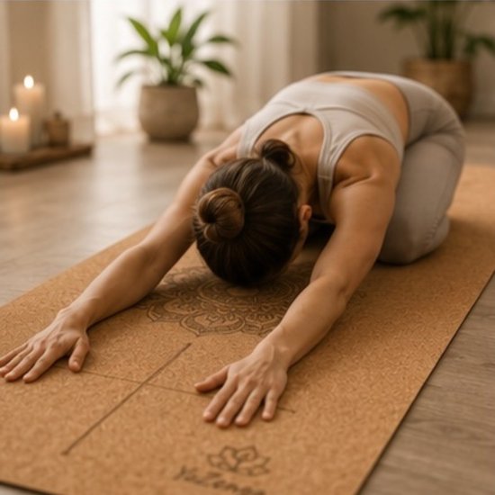Een vrouw in een kindhouding op een kurken yogamat met een mandala-print. De mat is bruin en heeft lijnen.