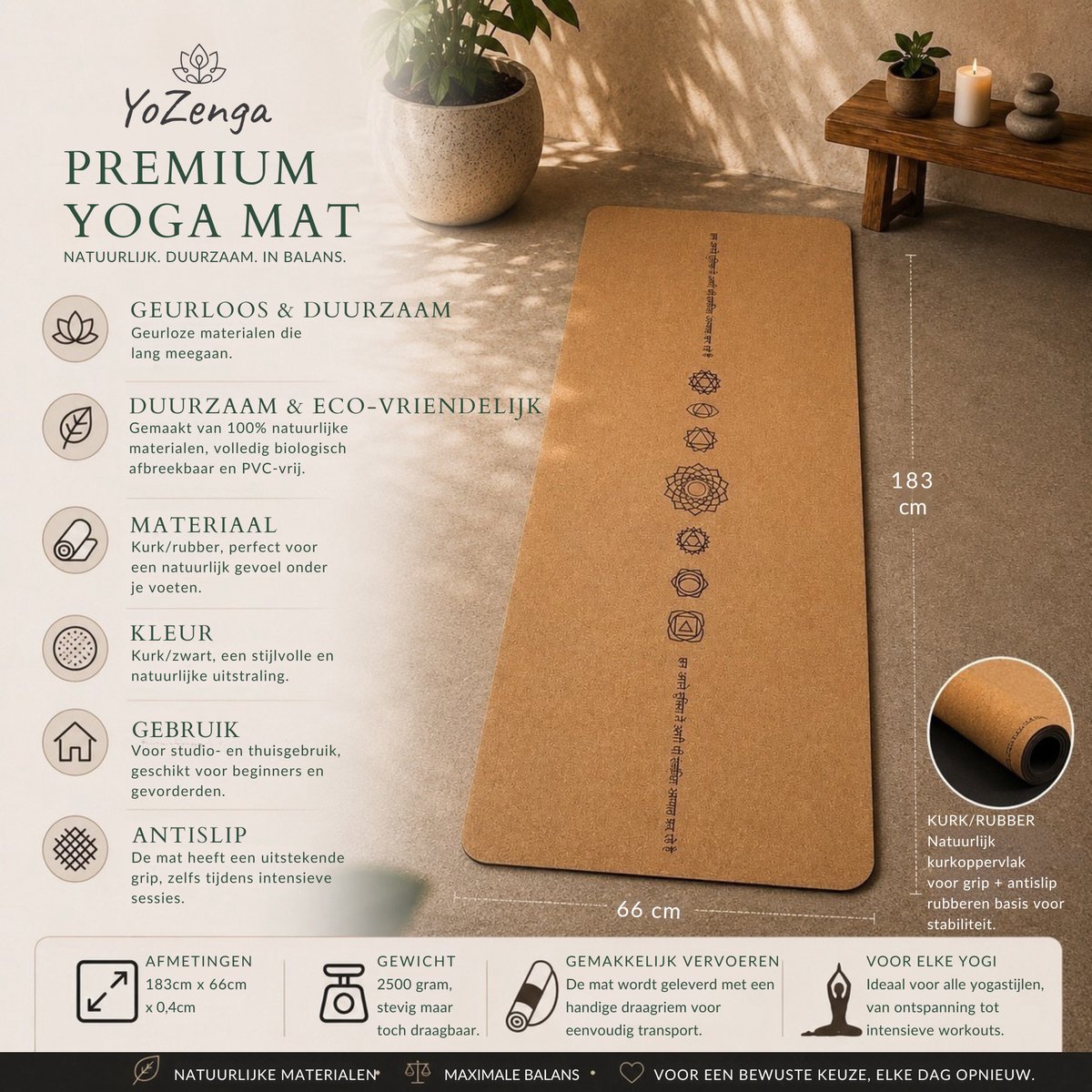 YoZenga Limited Chakra Yoga Mat - Premium Natuurlijk Kurk thumbnail 3