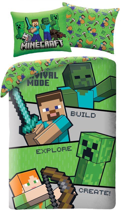 Groene dekbedovertrek met Minecraft-print: Steve en Alex met wapens, Creeper, zombies, "Survival Mode", "Build", "Explore", "Create".