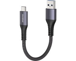 Maxonar USB C naar USB A Kabel 20cm - 10Gbps USB 3.2 Gen 2 Korte Kabel - Snellaadkabel 3.1A QC 3.0 Nylon Gevlochten voor Android Auto, Samsung Galaxy S26 S25 S24, iPhone 18 17 16 Pro Max, Google Pixel 10 9 8, SSD, Powerbank - Grijs