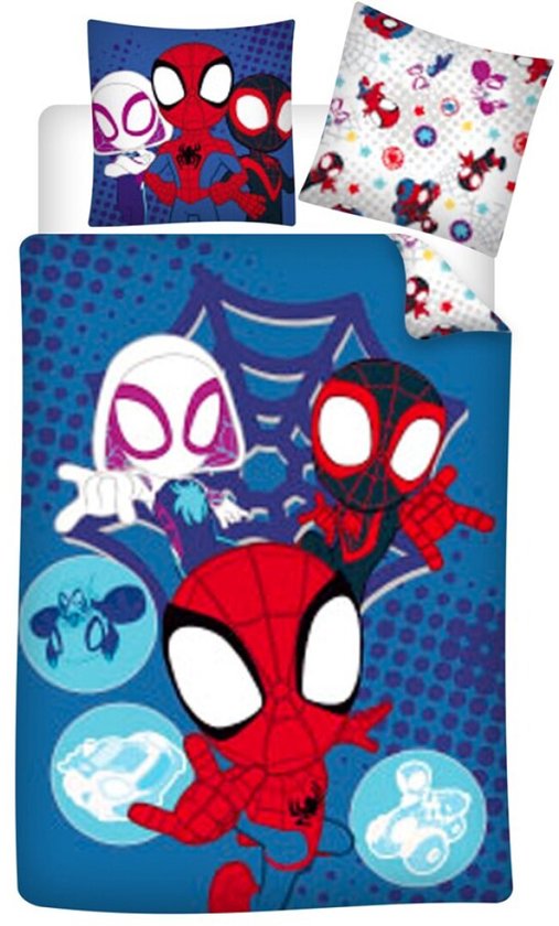 Dekbedovertrek met de Spidey-personages Spiderman, Ghost-Spider en Miles Morales op een blauwe achtergrond met spinnenwebben.