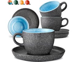 Cappuccinokopjes met Onderzetters - Koffiekopjes Set - Genieten van Koffie - Handgemaakt Reactief Glazuur - Set van 4 200ml - Blauw