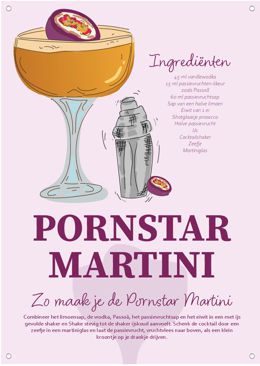 Pornstar Martini Cocktailrecept - Tuinposter - Tuindoek - 50x70 cm - Buitenposter - Schuttingdoek - Tuinschilderij voor Buiten