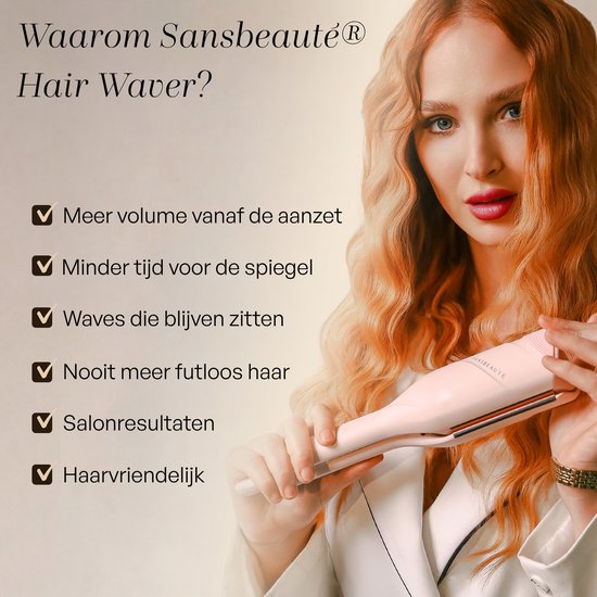 Vrouw met golvend rood haar en een roze Sansbeauté haarstyler, met tekst over de voordelen.