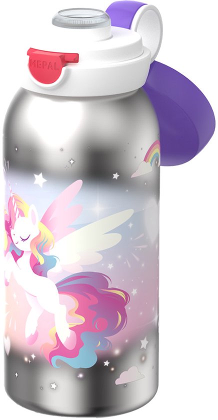Zilverkleurige drinkfles met eenhoornprint, paarse dop en witte deksel.