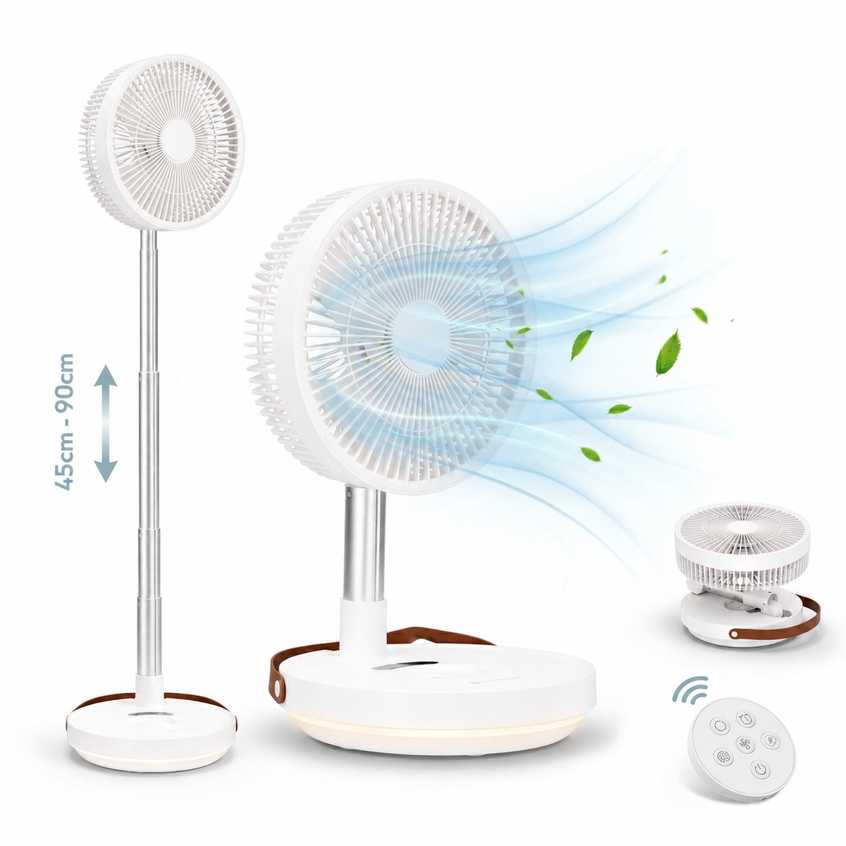 Tafelventilator Opvouwbaar Premium - USB-C Oplaadbaar - Afstandsbediening met Batterij - 8 Standen - Ingebouwde Verlichting - Draadloos en Inklapbaar - Staande Mini Ventilator - Kleine Statiefventilator - Aircooler - Mobiele Airco - Wit - Silvergear
