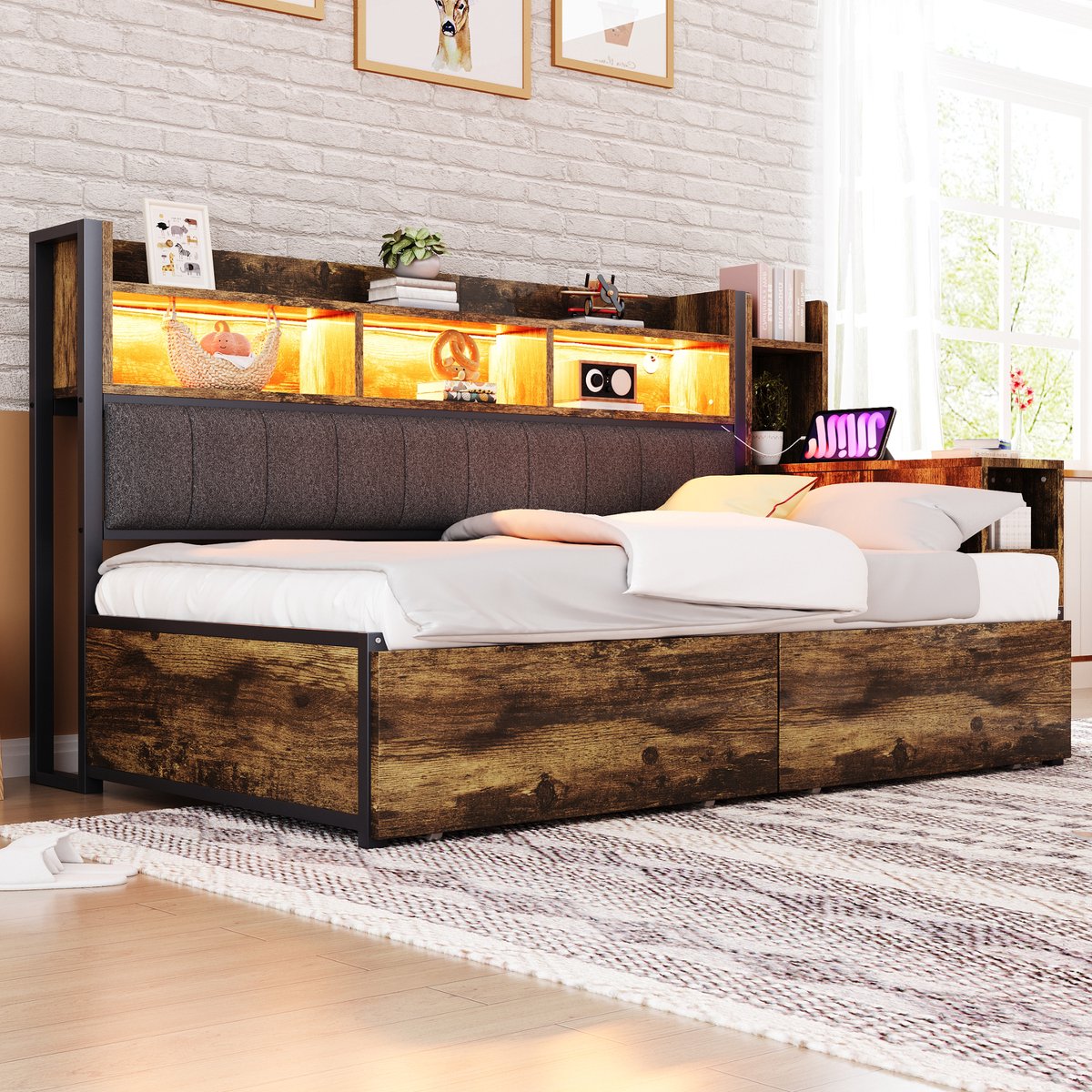 DESMIU Multifunctioneel Bed 90 x 200 cm Zonder Matras – Bed Met Uittrekbaar Bureau – Slimme Opbergruimte Met Lades – Voor Slaapkamer En Werkkamer – Metaal En Hout – Natuurhout Houtkleur